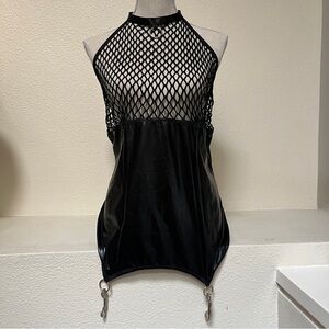 New Women’s BDSM Goth Black Fishnet and Pleather Halter Dress, Size M/L